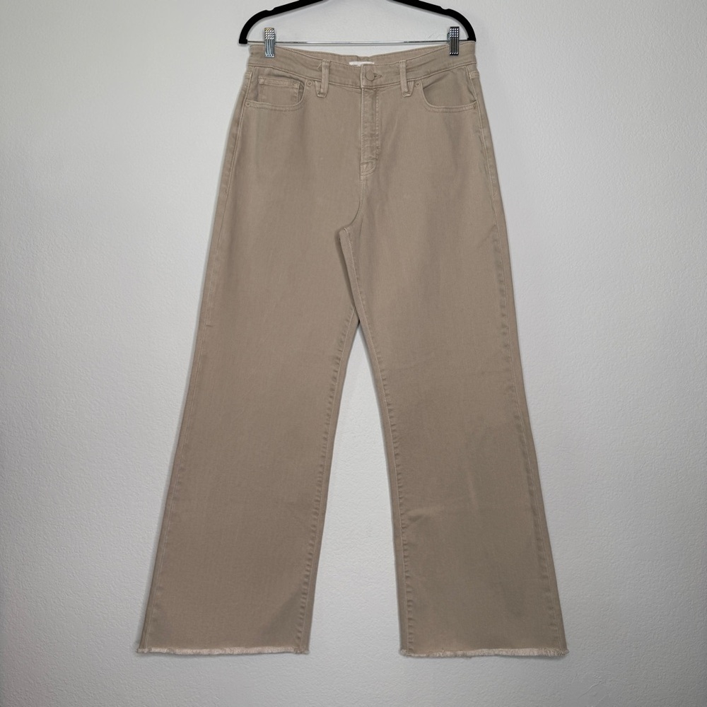 Good American Wide Leg Jeans Cream Tan High Rise Relaxed Fit Frayed Hem Size 4